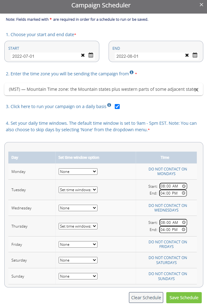 The Campaign Scheduler pop-up with the sample parameters listed above selected